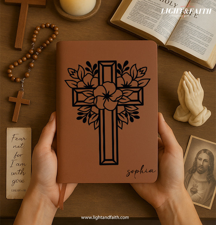 Personalized Christian Journal with Floral Cross Design, Custom Name Prayer & Faith Notebook, Religious Gift, First Communion Gifts, Birthday. NBLAF35